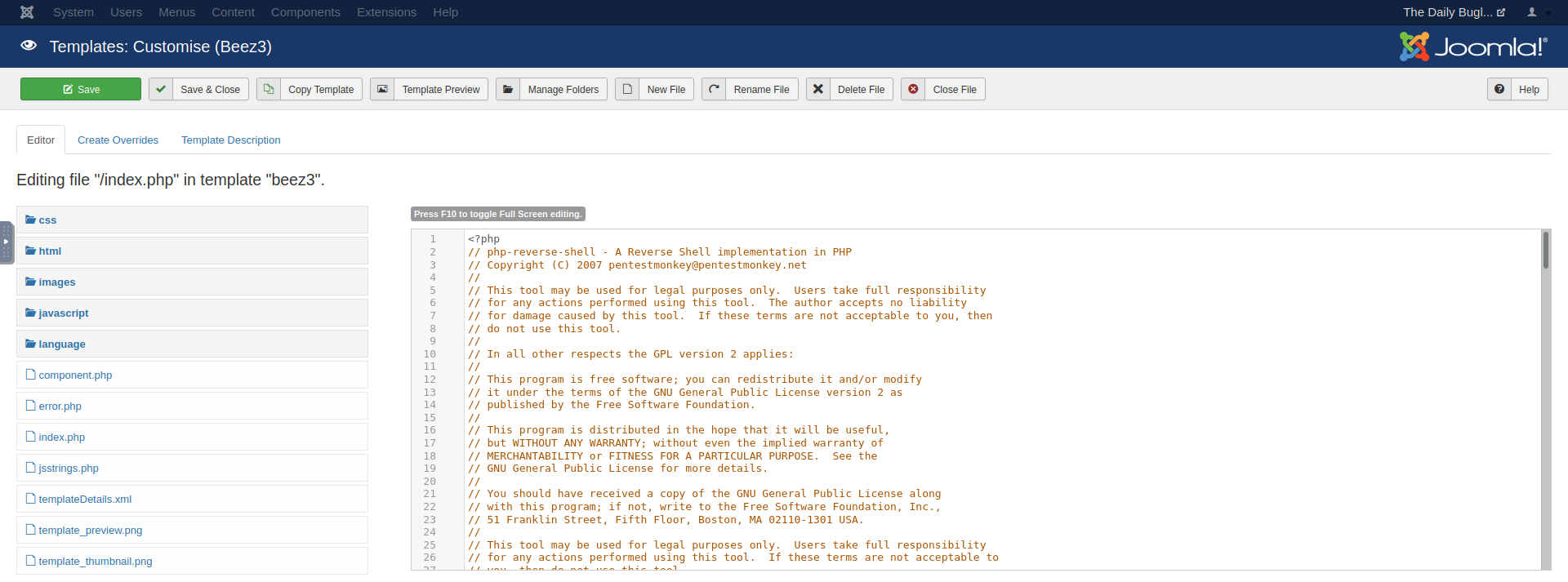 Changing index.php to our reverse shell code