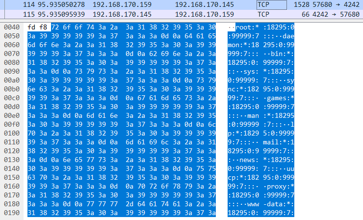 Exposed contents of /etc/shadow in Wireshark.